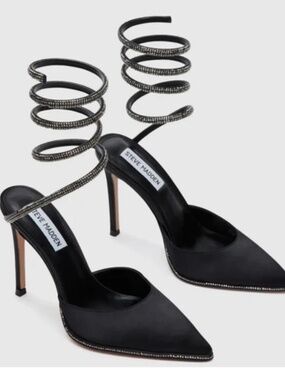 Steve Madden Emerson Black Satin Wrap Around Coil Rhinestone Heel - Size 6